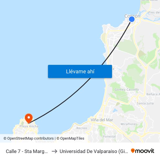 Calle 7 - Sta Margarita / Poniente to Universidad De Valparaíso (Gimnasio Polideportivo) map