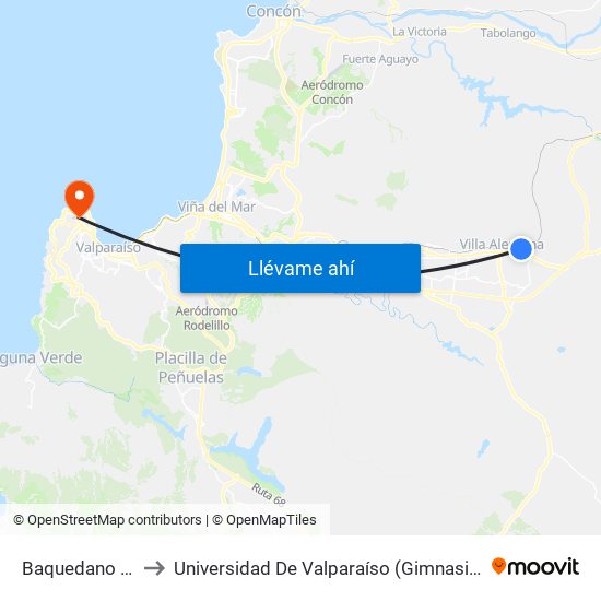 Baquedano / Norte to Universidad De Valparaíso (Gimnasio Polideportivo) map