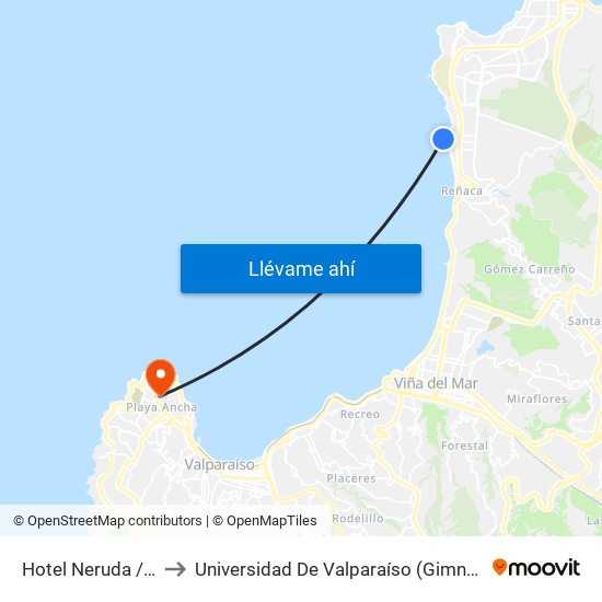 Hotel Neruda / Poniente to Universidad De Valparaíso (Gimnasio Polideportivo) map