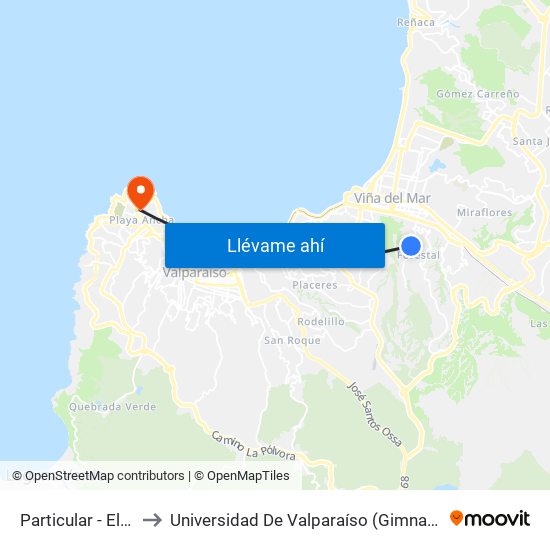 Particular - El Tranque to Universidad De Valparaíso (Gimnasio Polideportivo) map