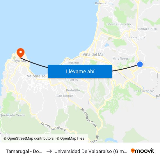 Tamarugal - Doñihue / Este to Universidad De Valparaíso (Gimnasio Polideportivo) map