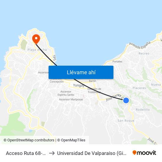 Acceso Ruta 68-Santos Ossa to Universidad De Valparaíso (Gimnasio Polideportivo) map