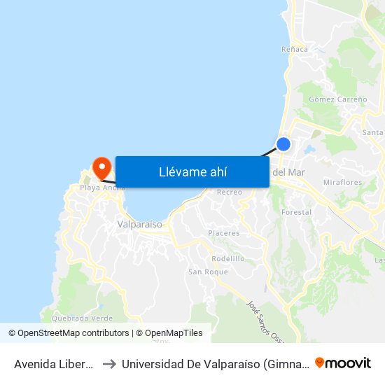 Avenida Libertad, 1133 to Universidad De Valparaíso (Gimnasio Polideportivo) map