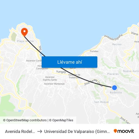 Avenida Rodelillo, 4110 to Universidad De Valparaíso (Gimnasio Polideportivo) map