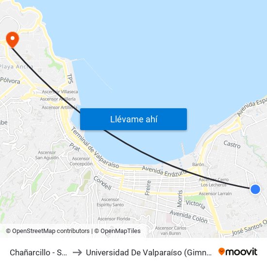 Chañarcillo - Sta Justina to Universidad De Valparaíso (Gimnasio Polideportivo) map