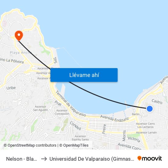 Nelson - Blanco Viel to Universidad De Valparaíso (Gimnasio Polideportivo) map