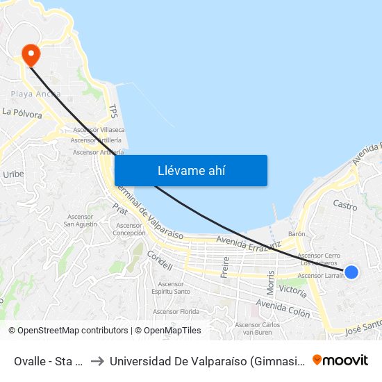 Ovalle - Sta Justina to Universidad De Valparaíso (Gimnasio Polideportivo) map