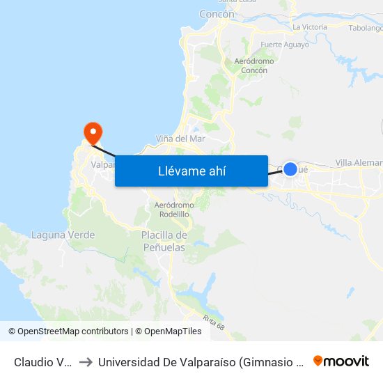 Claudio Vicuña to Universidad De Valparaíso (Gimnasio Polideportivo) map