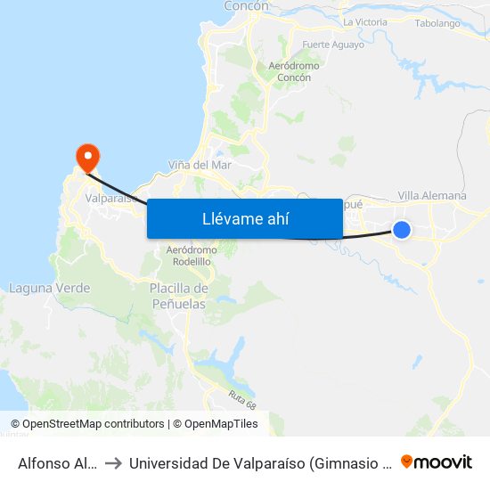 Alfonso Alcalde to Universidad De Valparaíso (Gimnasio Polideportivo) map