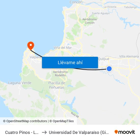 Cuatro Pinos - Los Gavilanes to Universidad De Valparaíso (Gimnasio Polideportivo) map