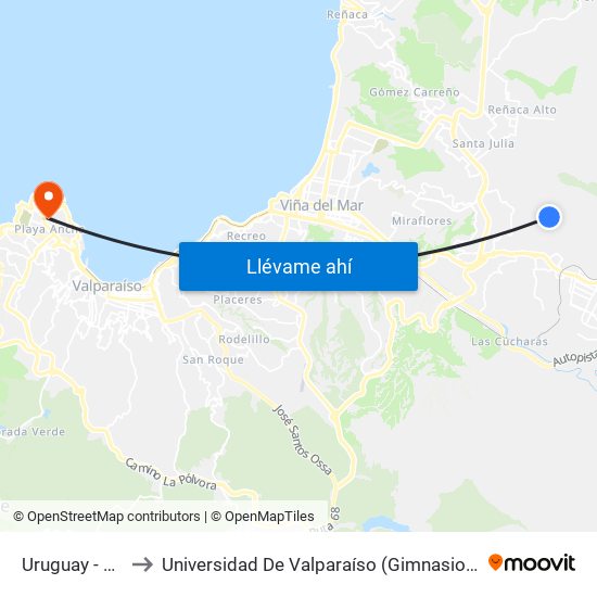 Uruguay - Bolivia to Universidad De Valparaíso (Gimnasio Polideportivo) map