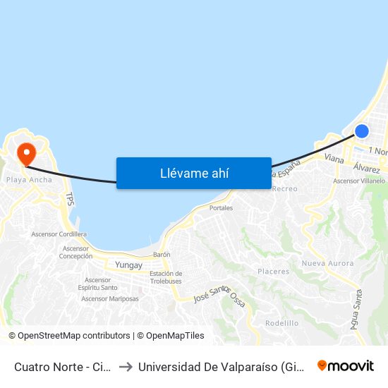 Cuatro Norte - Cinco Poniente to Universidad De Valparaíso (Gimnasio Polideportivo) map