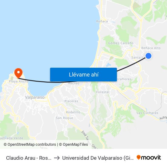 Claudio Arau - Rosario Fernandez to Universidad De Valparaíso (Gimnasio Polideportivo) map