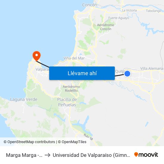 Marga Marga - Recoleta to Universidad De Valparaíso (Gimnasio Polideportivo) map