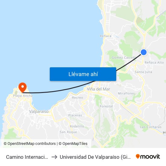 Camino Internacional / Oriente to Universidad De Valparaíso (Gimnasio Polideportivo) map