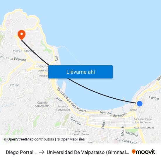 Diego Portales 477 to Universidad De Valparaíso (Gimnasio Polideportivo) map