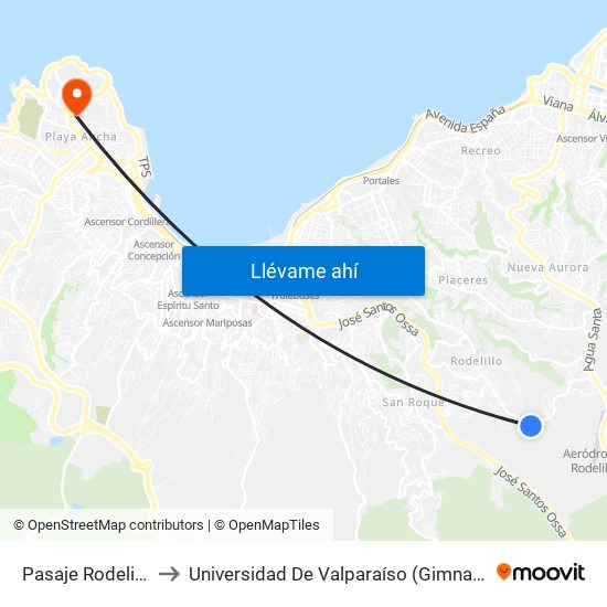 Pasaje Rodelillo, 5848 to Universidad De Valparaíso (Gimnasio Polideportivo) map