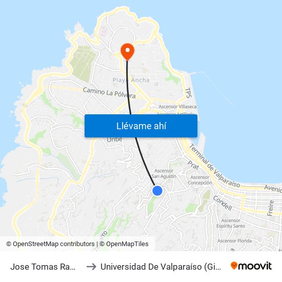 Jose Tomas Ramos - Miranda to Universidad De Valparaíso (Gimnasio Polideportivo) map
