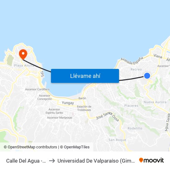 Calle Del Agua - La Habana to Universidad De Valparaíso (Gimnasio Polideportivo) map