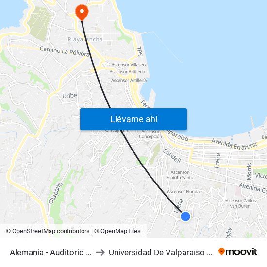 Alemania - Auditorio Osman Perez Freire to Universidad De Valparaíso (Gimnasio Polideportivo) map