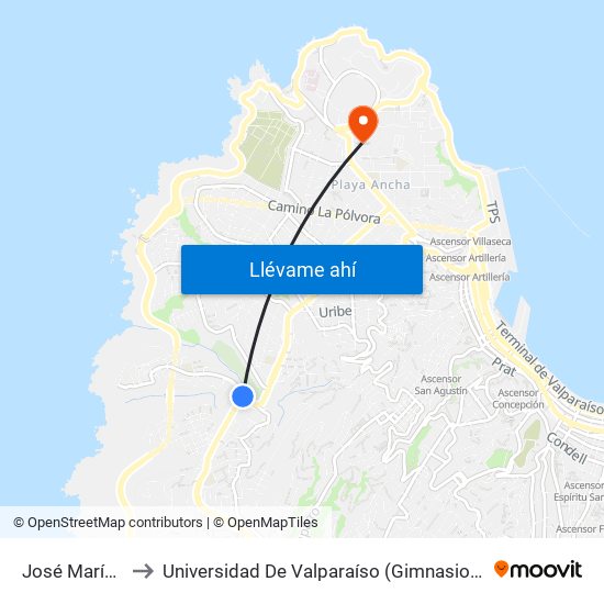 José María Caro to Universidad De Valparaíso (Gimnasio Polideportivo) map