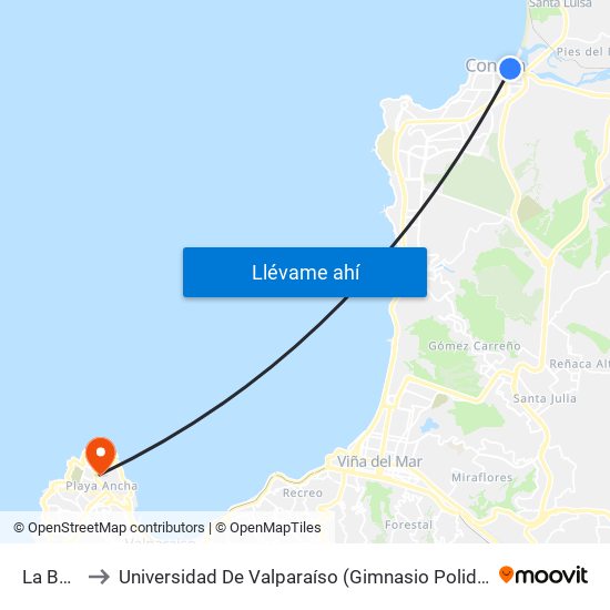 La Boca to Universidad De Valparaíso (Gimnasio Polideportivo) map