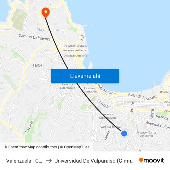 Valenzuela - Calle Cinco to Universidad De Valparaíso (Gimnasio Polideportivo) map