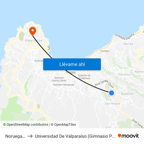 Noruega 433 to Universidad De Valparaíso (Gimnasio Polideportivo) map