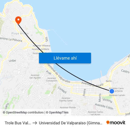 Trole Bus Valparaiso to Universidad De Valparaíso (Gimnasio Polideportivo) map
