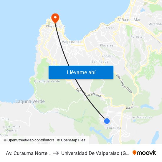 Av. Curauma Norte - Los Tuliperos to Universidad De Valparaíso (Gimnasio Polideportivo) map
