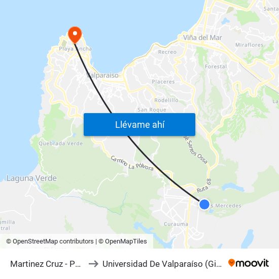 Martinez Cruz - Portugal / Norte to Universidad De Valparaíso (Gimnasio Polideportivo) map