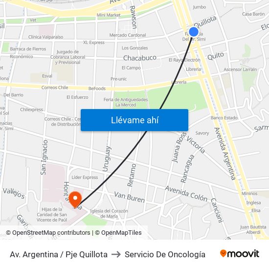 Av. Argentina / Pje Quillota to Servicio De Oncología map