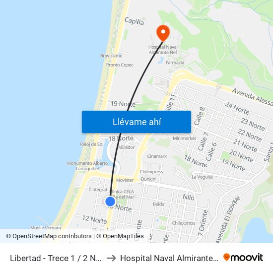 Libertad - Trece 1 / 2 Norte to Hospital Naval Almirante Nef map