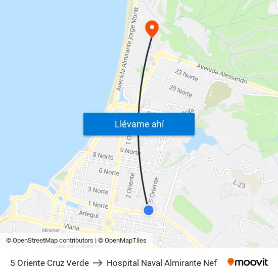 5 Oriente Cruz Verde to Hospital Naval Almirante Nef map