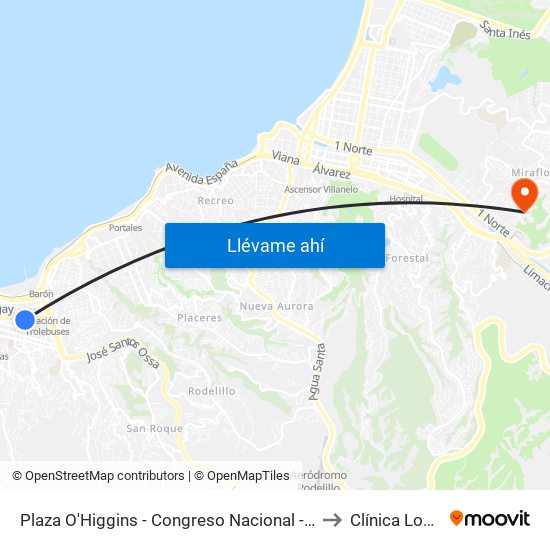 Plaza O'Higgins - Congreso Nacional - Teatro Municipal / Sur to Clínica Los Abetos map