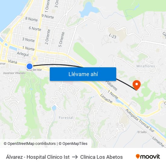 Álvarez - Hospital Clinico Ist to Clínica Los Abetos map