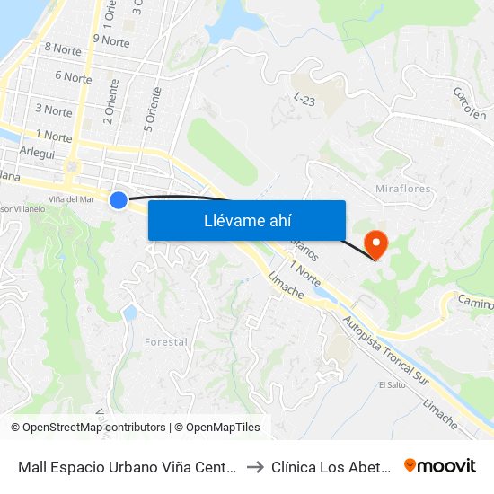 Mall Espacio Urbano Viña Centro to Clínica Los Abetos map