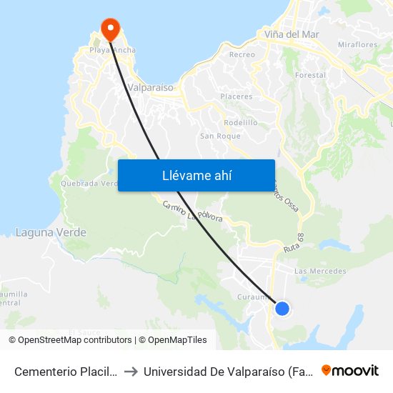 Cementerio Placilla De Peñuelas to Universidad De Valparaíso (Facultad De Arquitectura) map