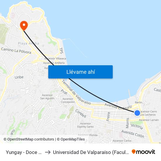 Yungay - Doce De Febrero to Universidad De Valparaíso (Facultad De Arquitectura) map