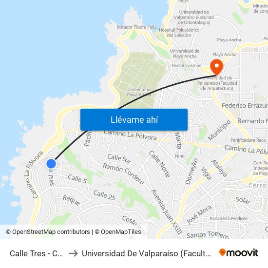 Calle Tres - Calle Siete to Universidad De Valparaíso (Facultad De Arquitectura) map