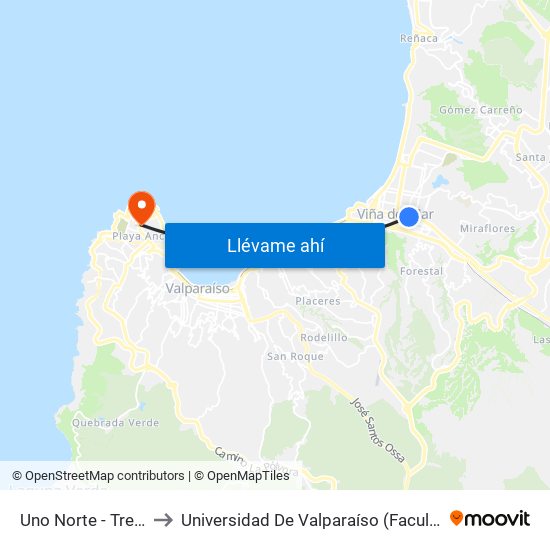 Uno Norte - Tres 1 / 2 Ote to Universidad De Valparaíso (Facultad De Arquitectura) map