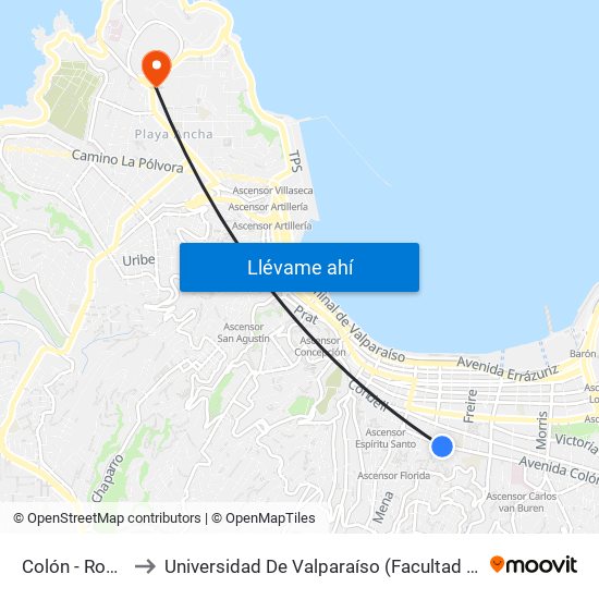 Colón - Rodríguez to Universidad De Valparaíso (Facultad De Arquitectura) map