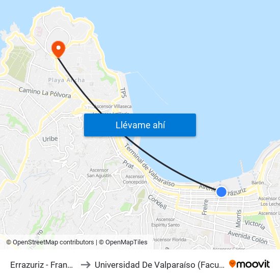 Errazuriz - Francia / Oriente to Universidad De Valparaíso (Facultad De Arquitectura) map