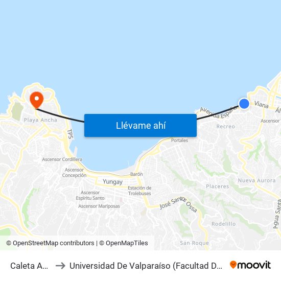 Caleta Abarca to Universidad De Valparaíso (Facultad De Arquitectura) map