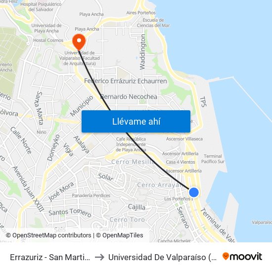 Errazuriz - San Martin - Plaza Echaurren to Universidad De Valparaíso (Facultad De Arquitectura) map
