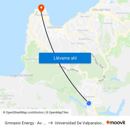 Gmnasio Energy - Av. Borde Laguna / Oriente to Universidad De Valparaíso (Facultad De Arquitectura) map