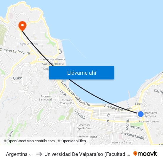 Argentina - Orella to Universidad De Valparaíso (Facultad De Arquitectura) map