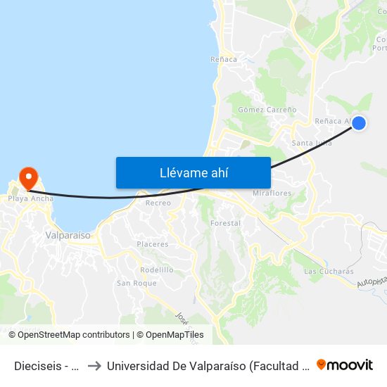Dieciseis - Octava to Universidad De Valparaíso (Facultad De Arquitectura) map