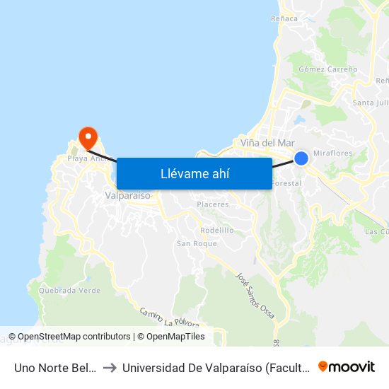 Uno Norte Bella Tierras to Universidad De Valparaíso (Facultad De Arquitectura) map