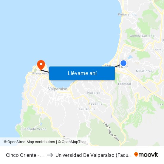 Cinco Oriente - Cinco Norte to Universidad De Valparaíso (Facultad De Arquitectura) map